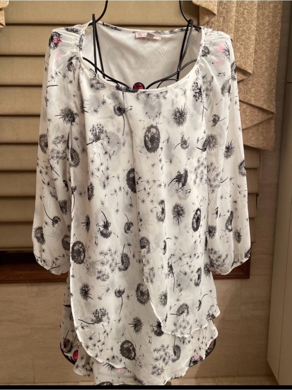 Dressbarn Black And White Print Long Sleeve Layered Sheer Lined Blouse Sz Large